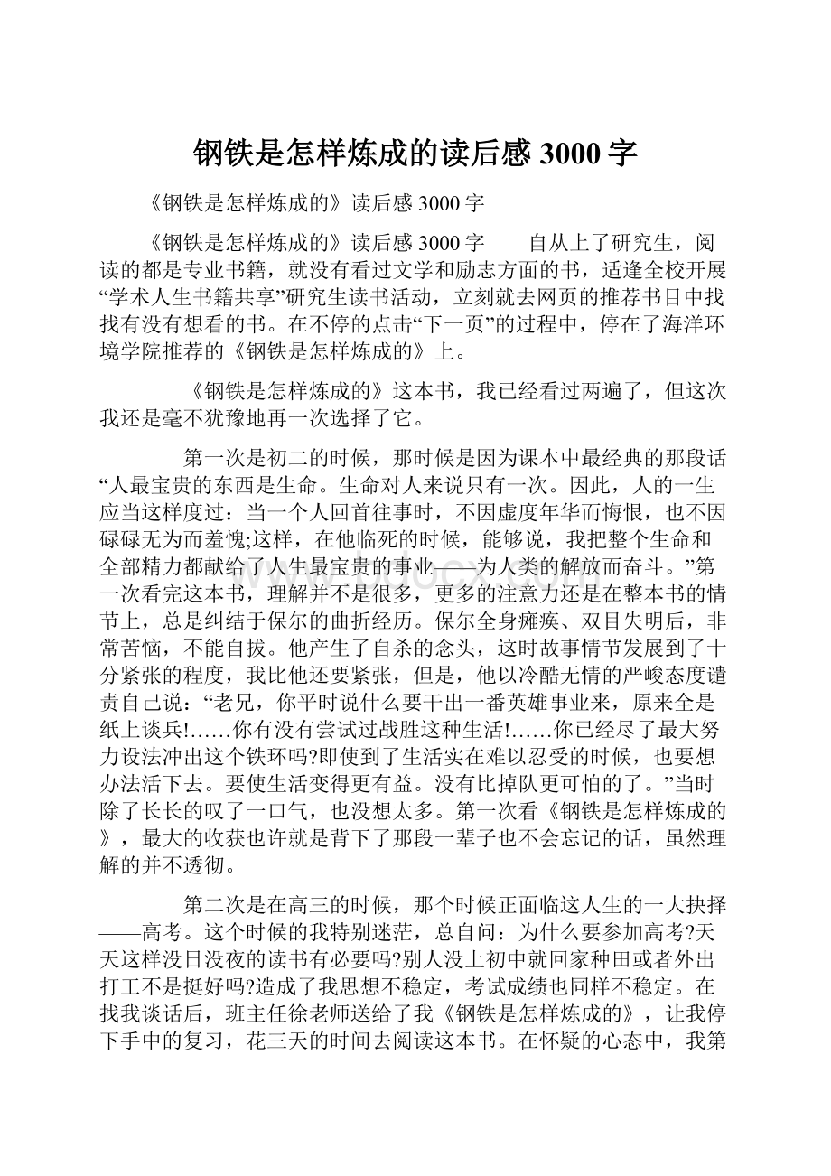 钢铁是怎样炼成的读后感3000字.docx