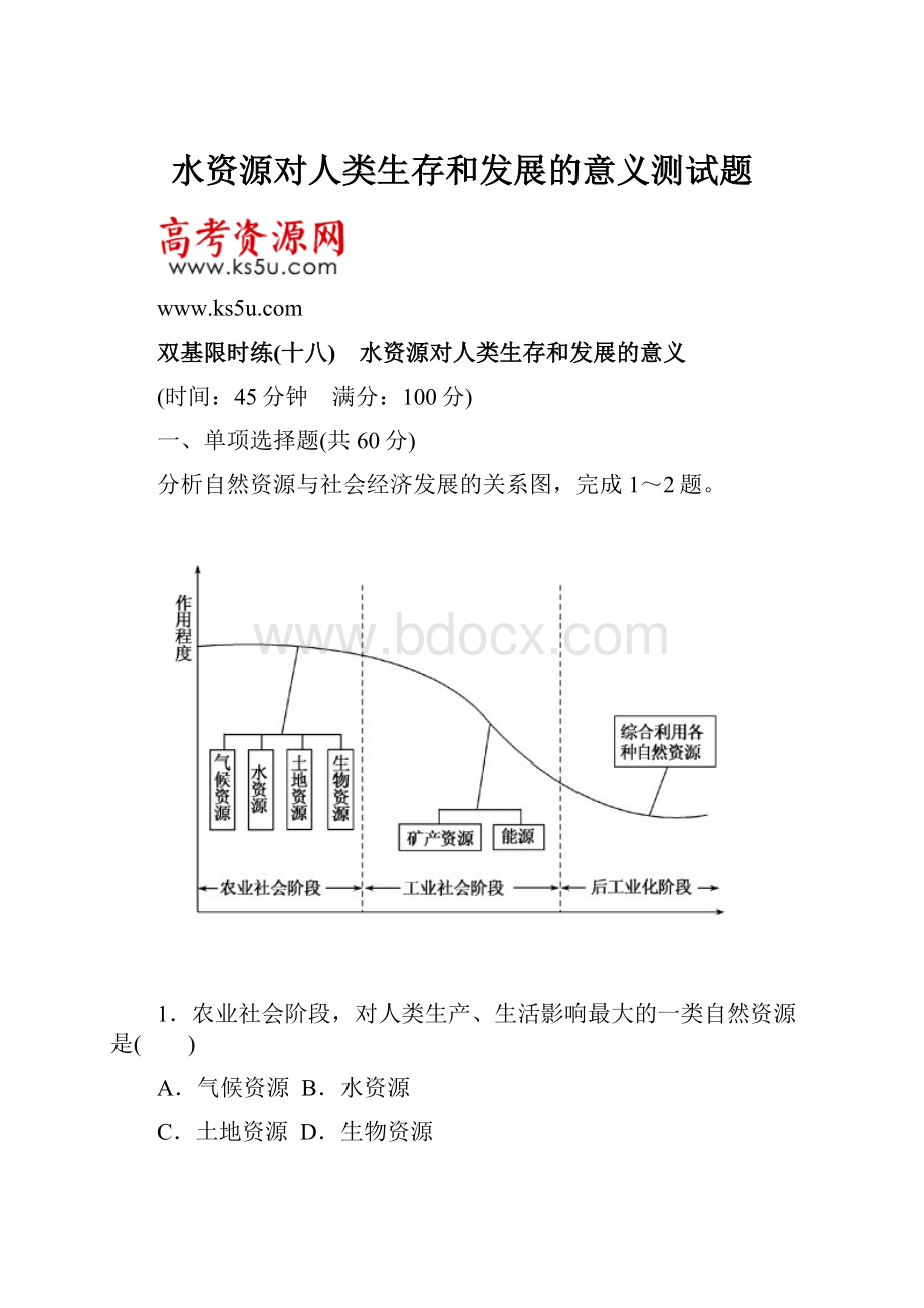 水资源对人类生存和发展的意义测试题.docx