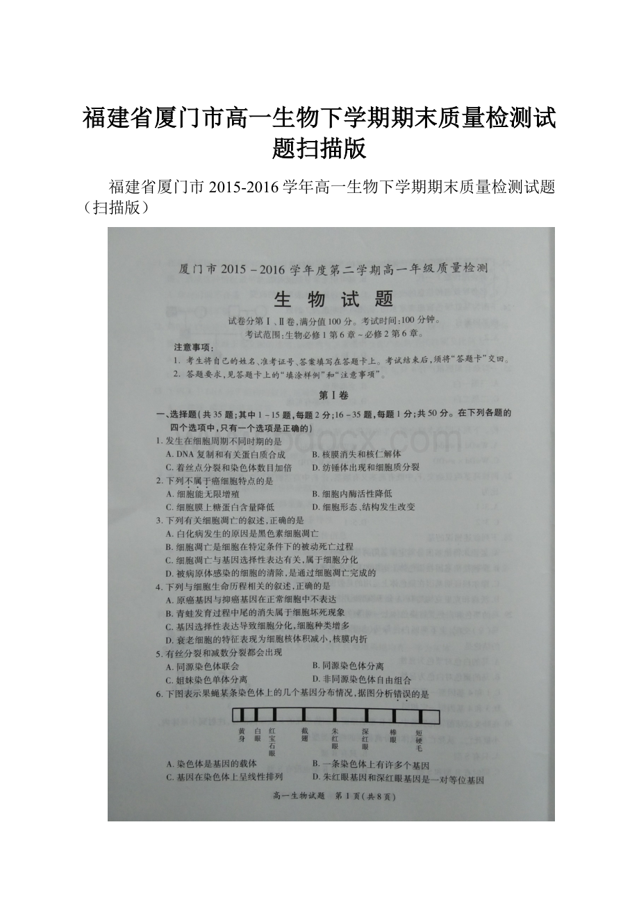 福建省厦门市高一生物下学期期末质量检测试题扫描版.docx_第1页