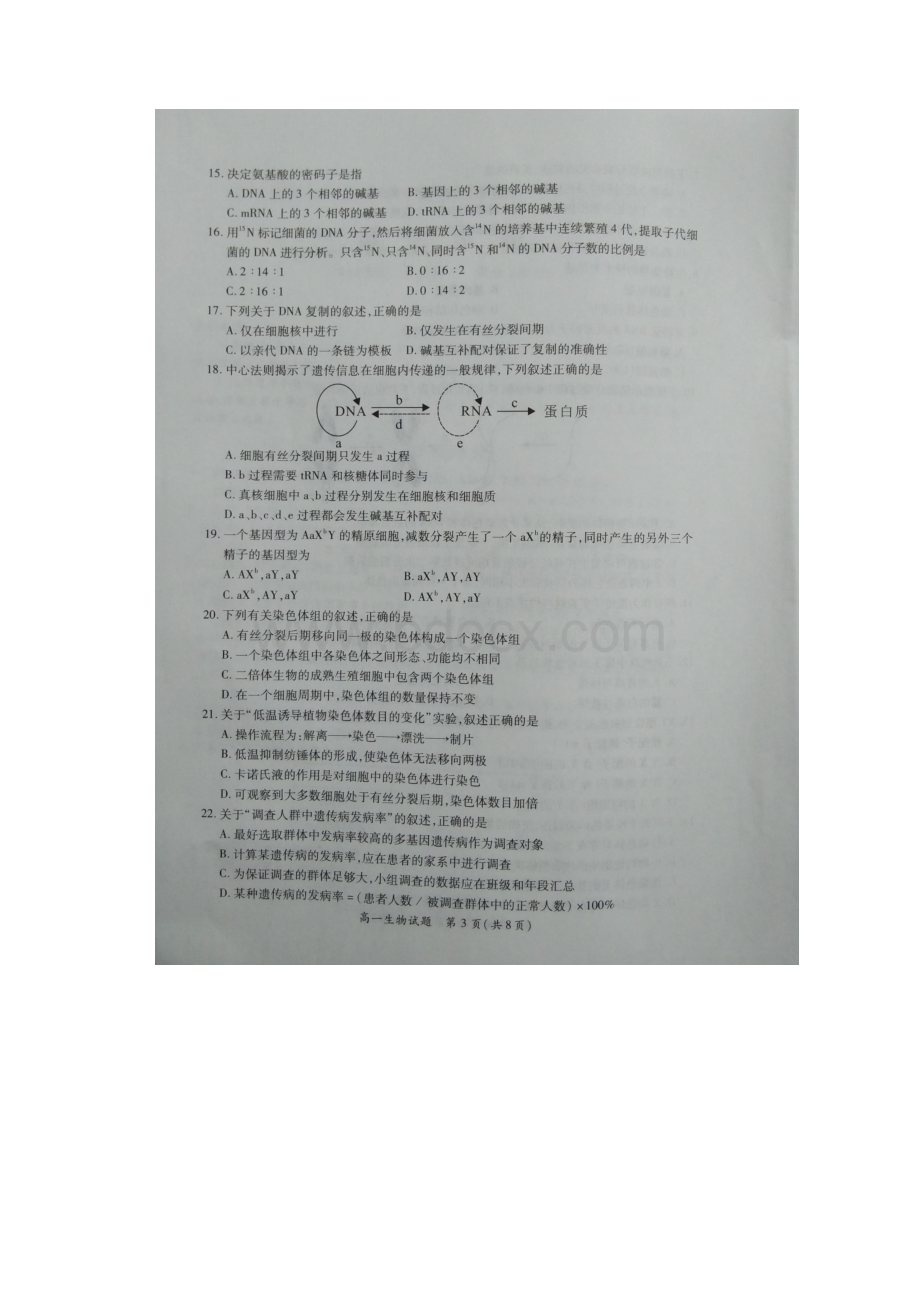 福建省厦门市高一生物下学期期末质量检测试题扫描版.docx_第3页