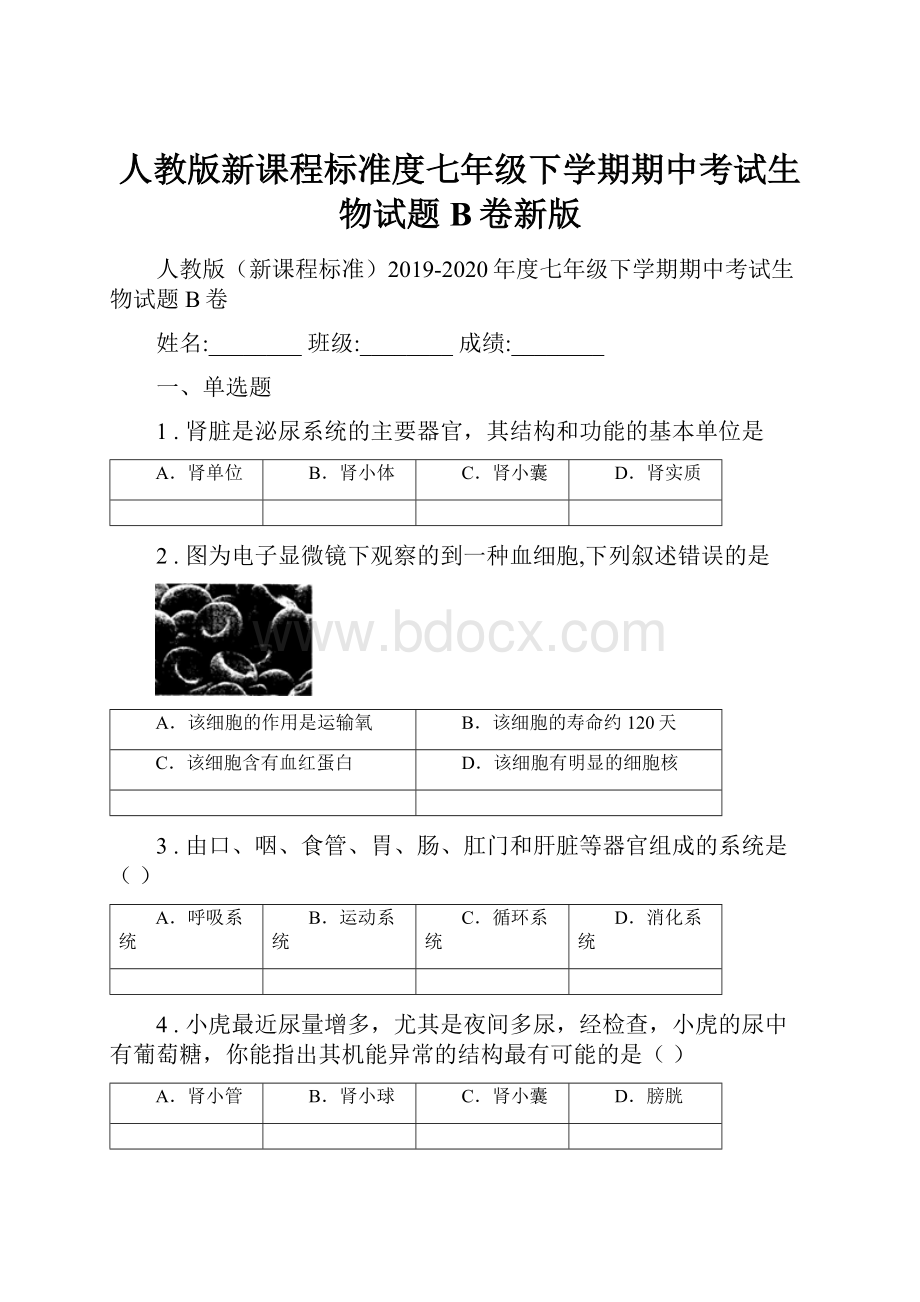 人教版新课程标准度七年级下学期期中考试生物试题B卷新版.docx