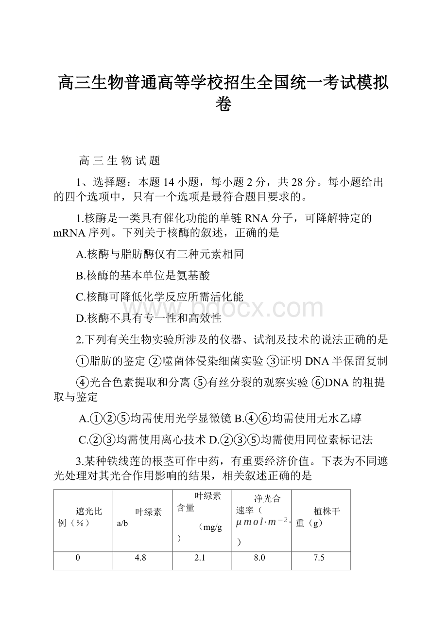 高三生物普通高等学校招生全国统一考试模拟卷.docx_第1页