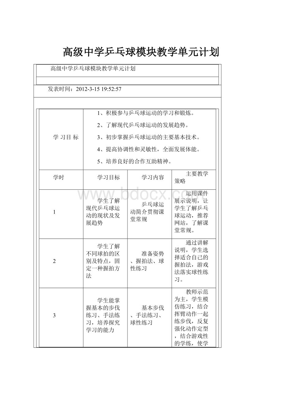 高级中学乒乓球模块教学单元计划.docx_第1页