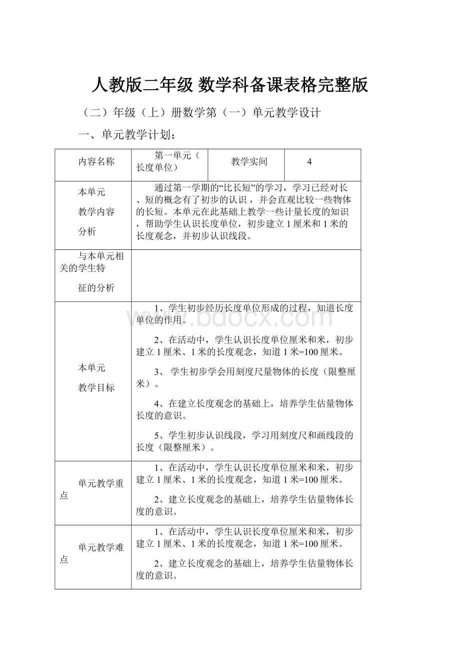 人教版二年级 数学科备课表格完整版.docx_第1页