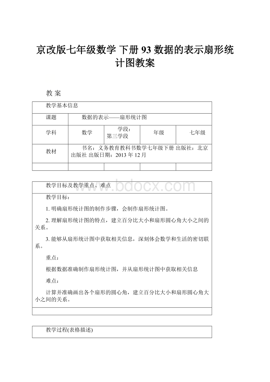 京改版七年级数学 下册 93 数据的表示扇形统计图教案.docx_第1页