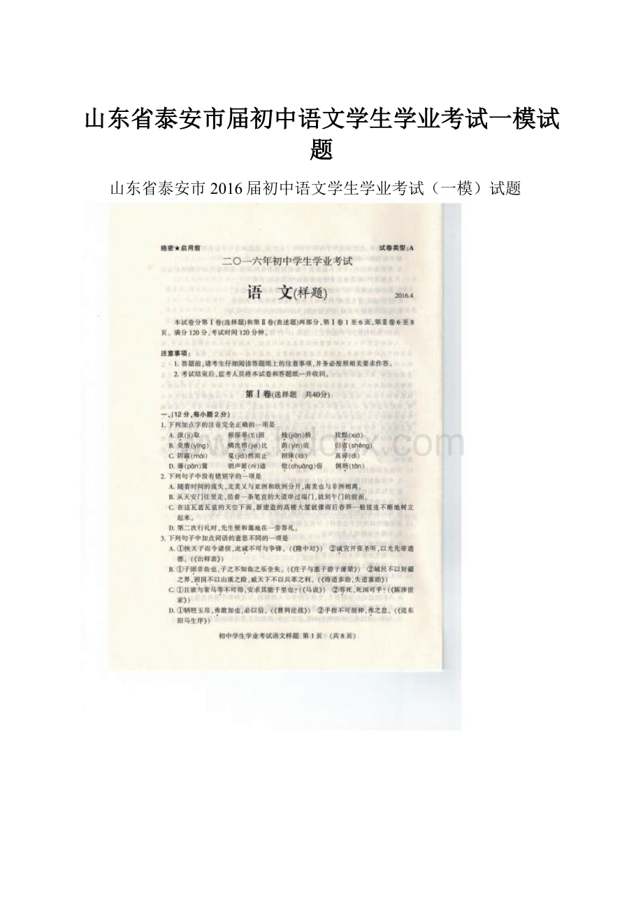 山东省泰安市届初中语文学生学业考试一模试题.docx