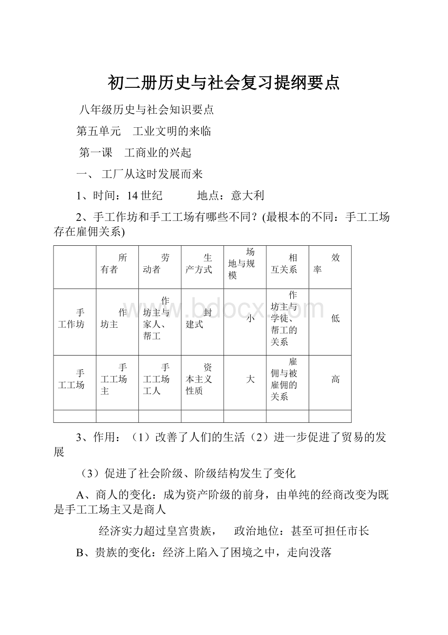 初二册历史与社会复习提纲要点.docx