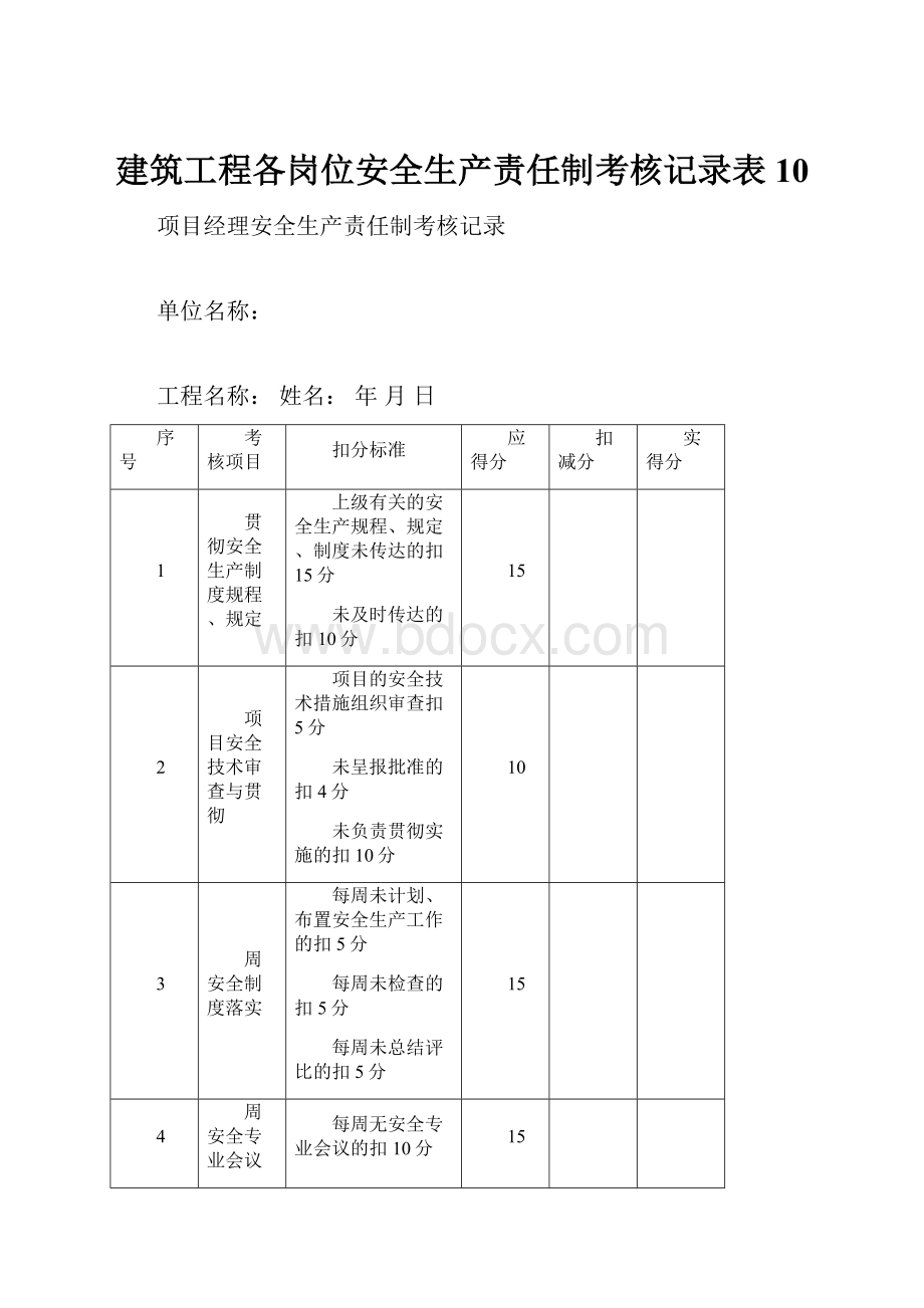 建筑工程各岗位安全生产责任制考核记录表10.docx