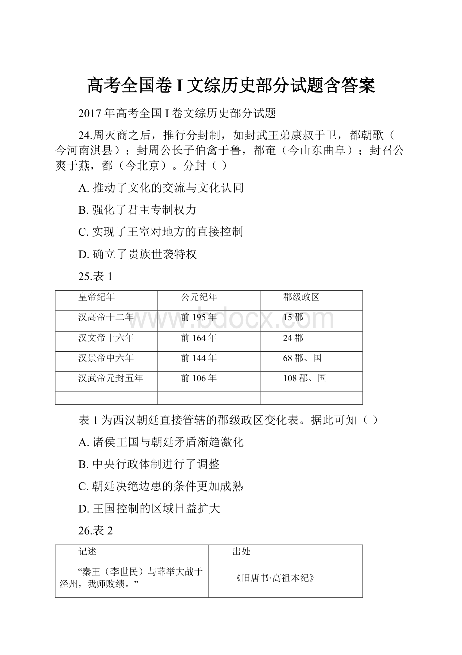 高考全国卷I文综历史部分试题含答案.docx