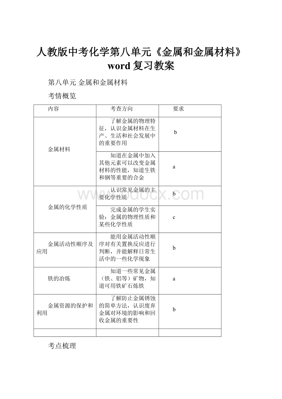 人教版中考化学第八单元《金属和金属材料》word复习教案.docx