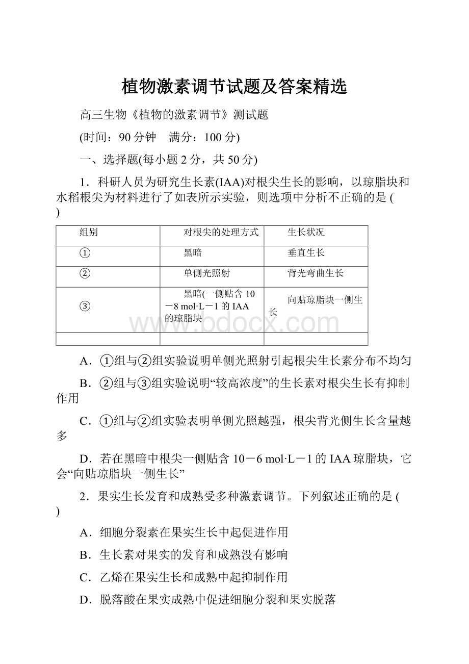 植物激素调节试题及答案精选.docx