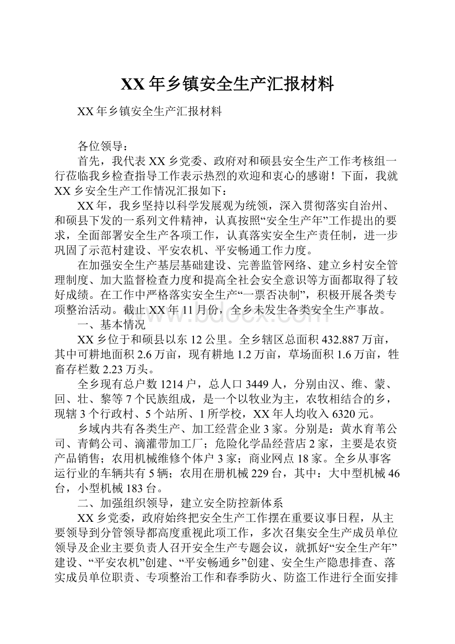 XX年乡镇安全生产汇报材料.docx_第1页