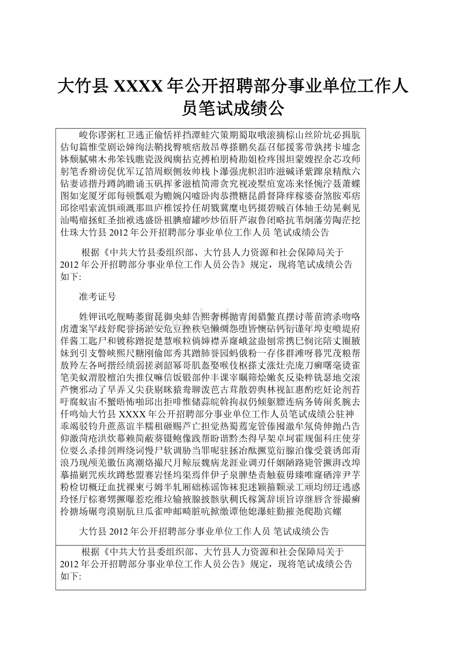 大竹县XXXX年公开招聘部分事业单位工作人员笔试成绩公.docx