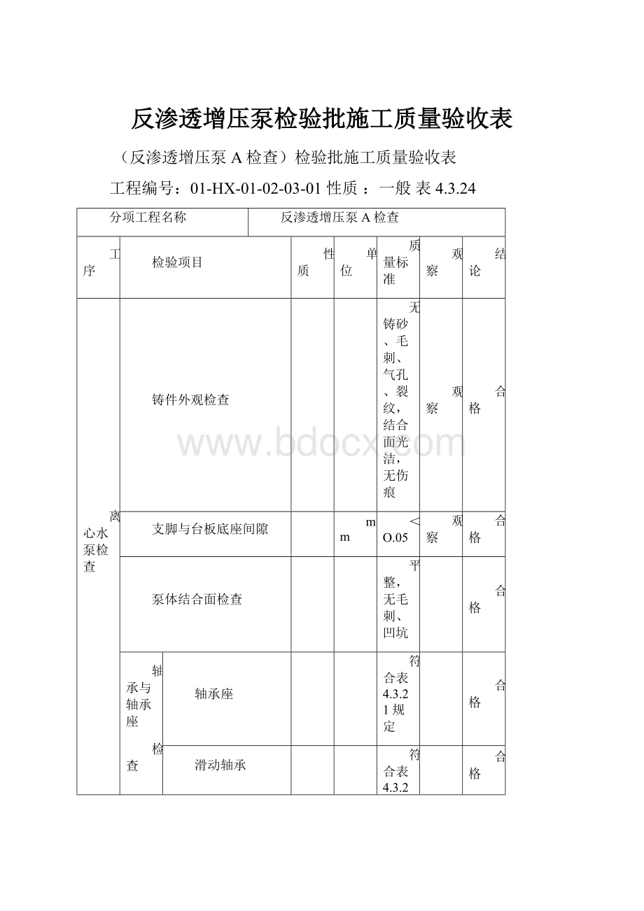 反渗透增压泵检验批施工质量验收表.docx_第1页