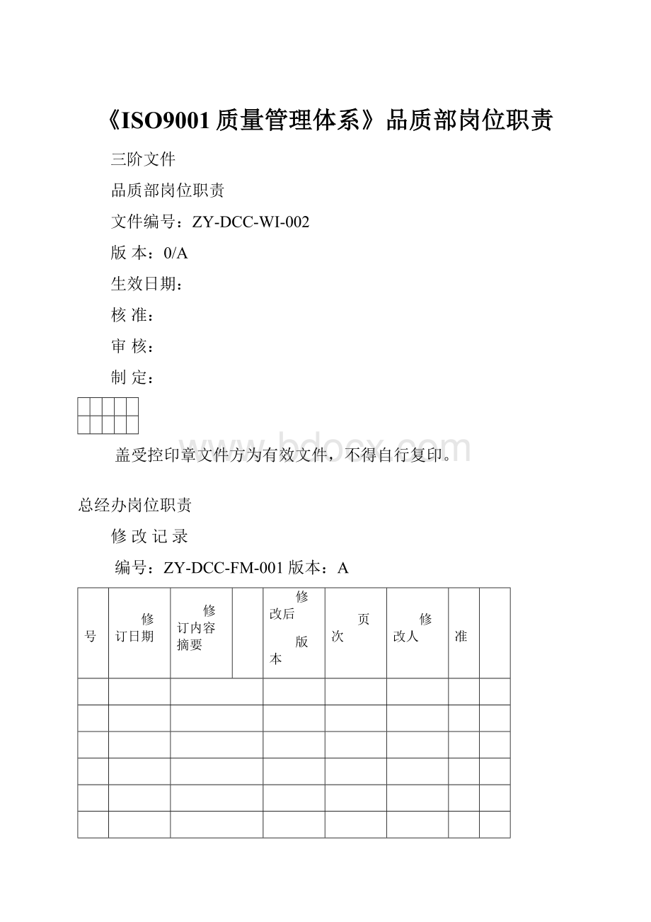 《ISO9001质量管理体系》品质部岗位职责.docx_第1页