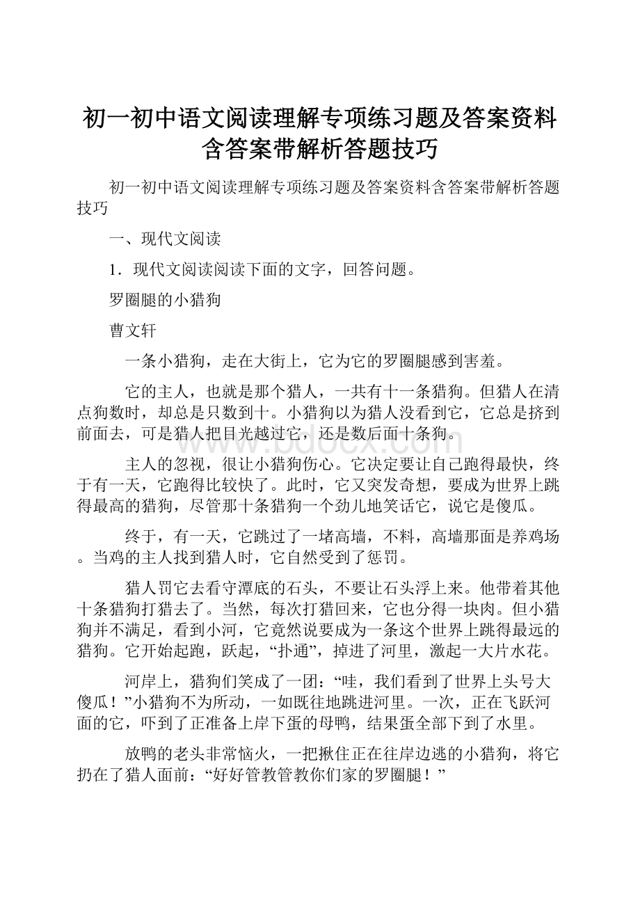 初一初中语文阅读理解专项练习题及答案资料含答案带解析答题技巧.docx