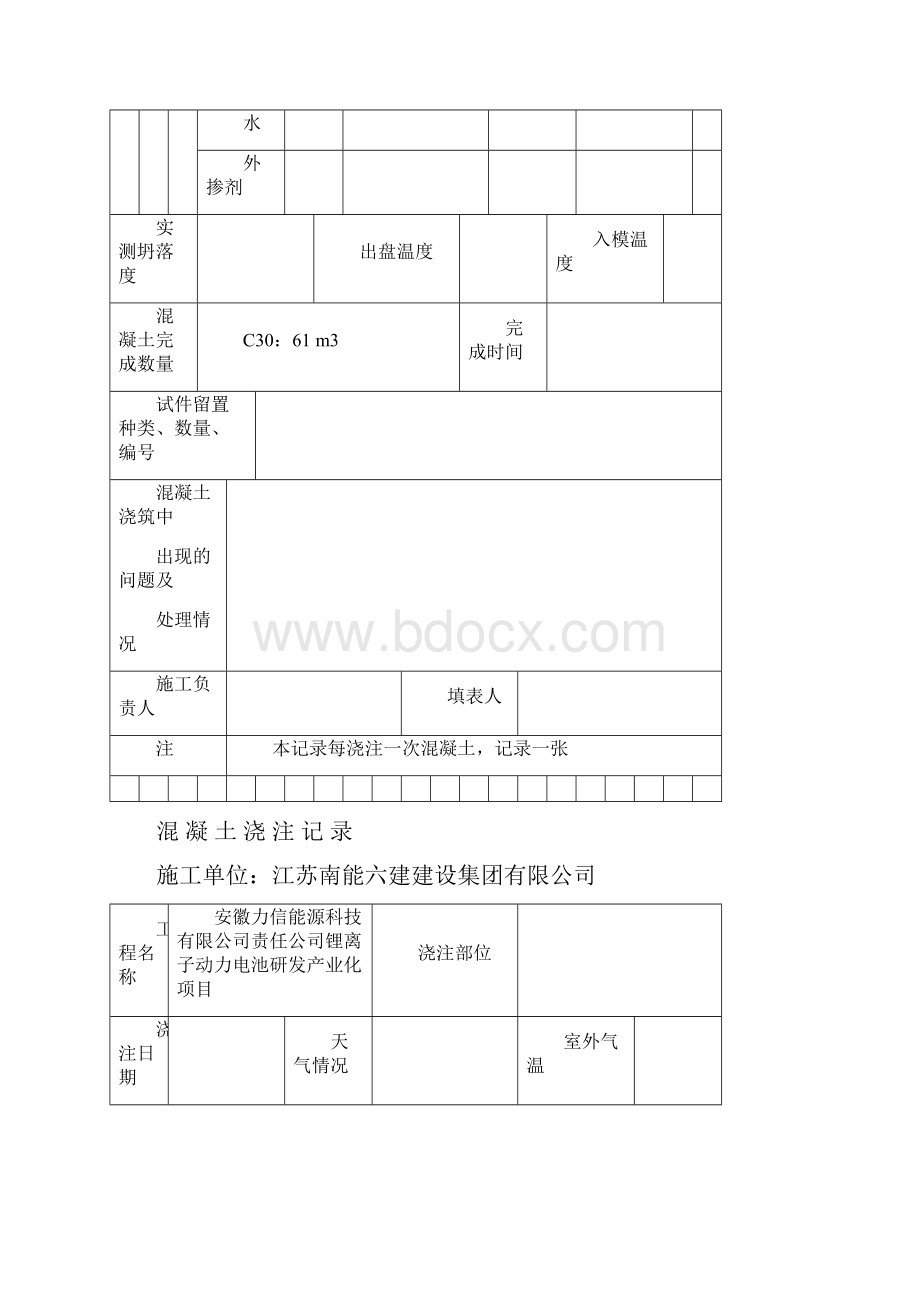 混凝土浇注记录.docx_第2页