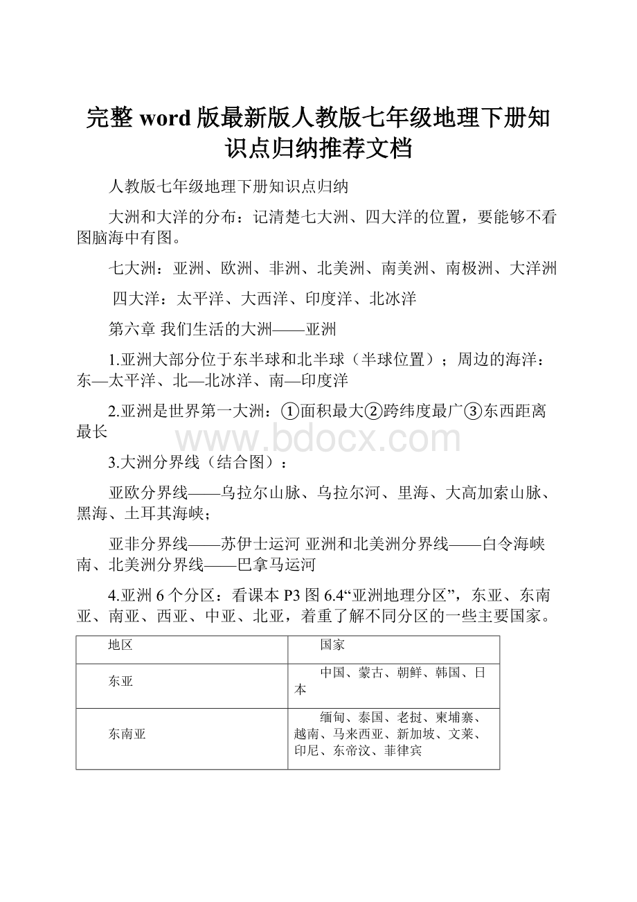 完整word版最新版人教版七年级地理下册知识点归纳推荐文档.docx_第1页