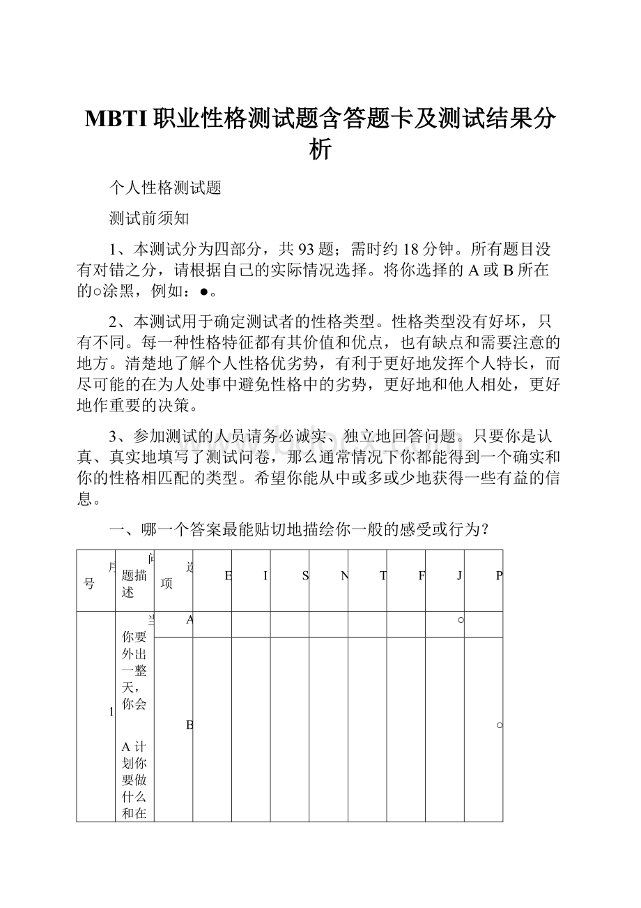 MBTI职业性格测试题含答题卡及测试结果分析.docx