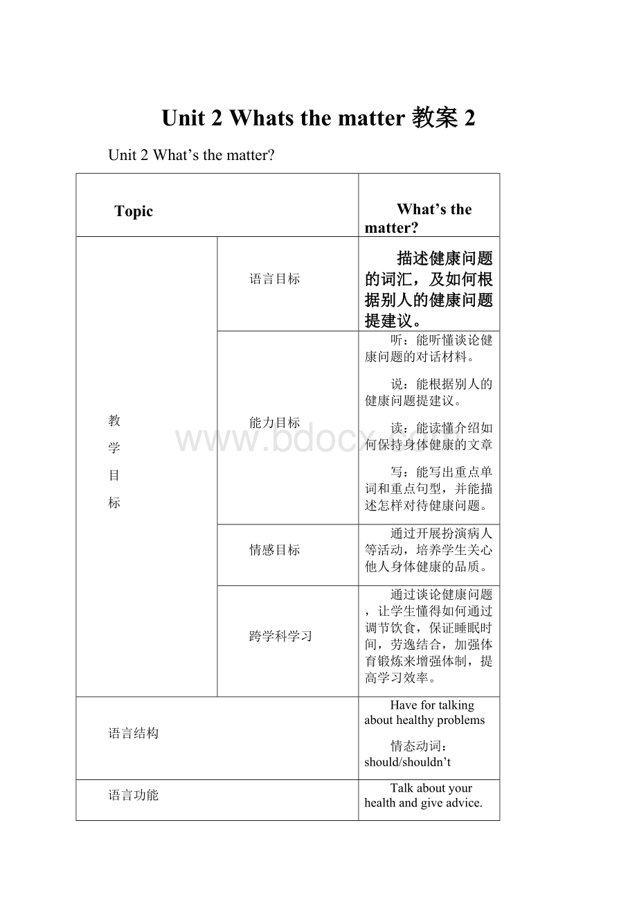 Unit 2 Whats the matter 教案 2.docx