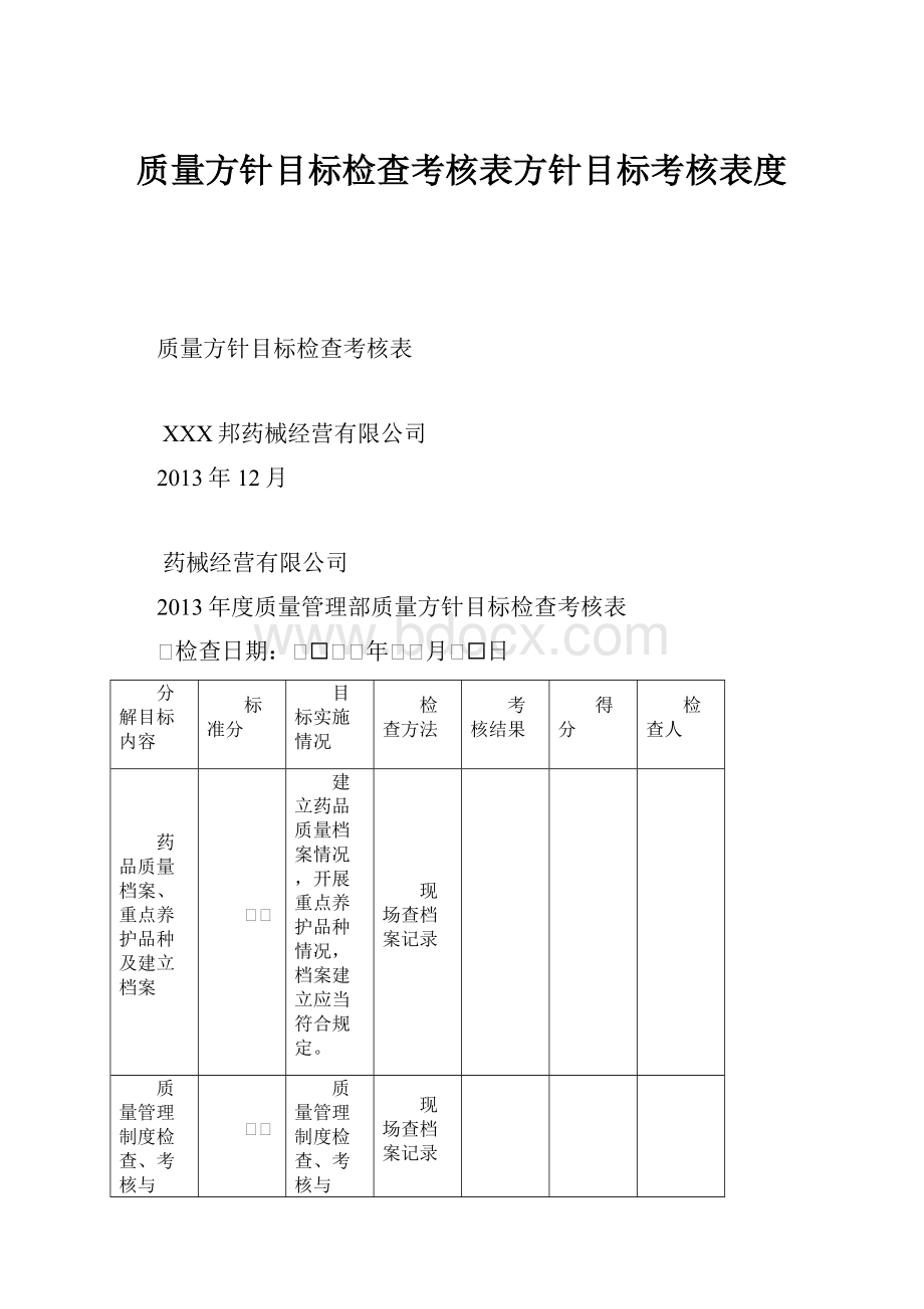 质量方针目标检查考核表方针目标考核表度.docx