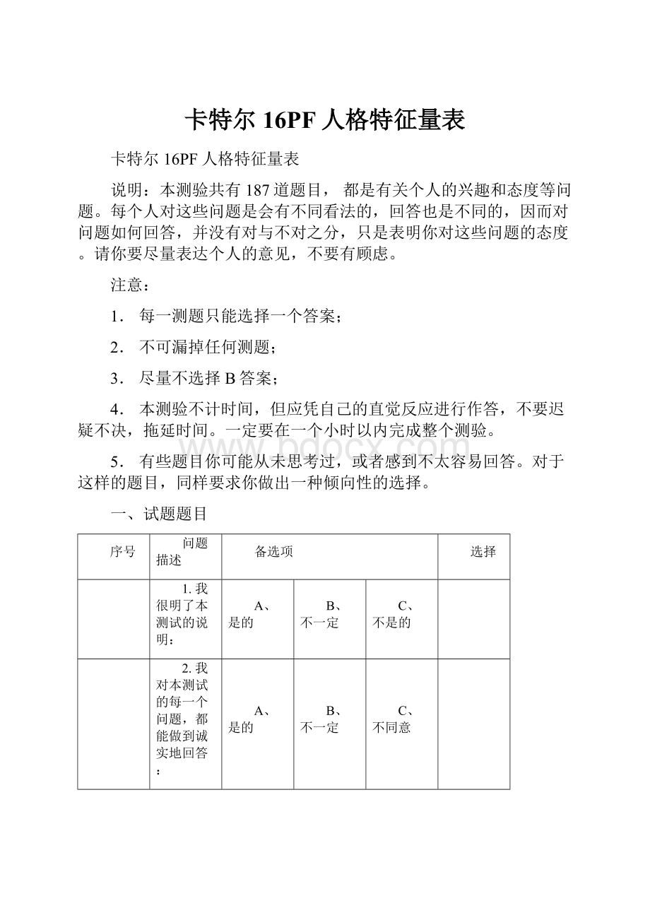 卡特尔16PF人格特征量表.docx