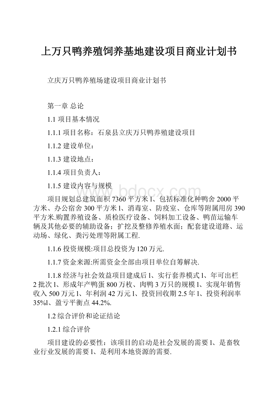 上万只鸭养殖饲养基地建设项目商业计划书.docx