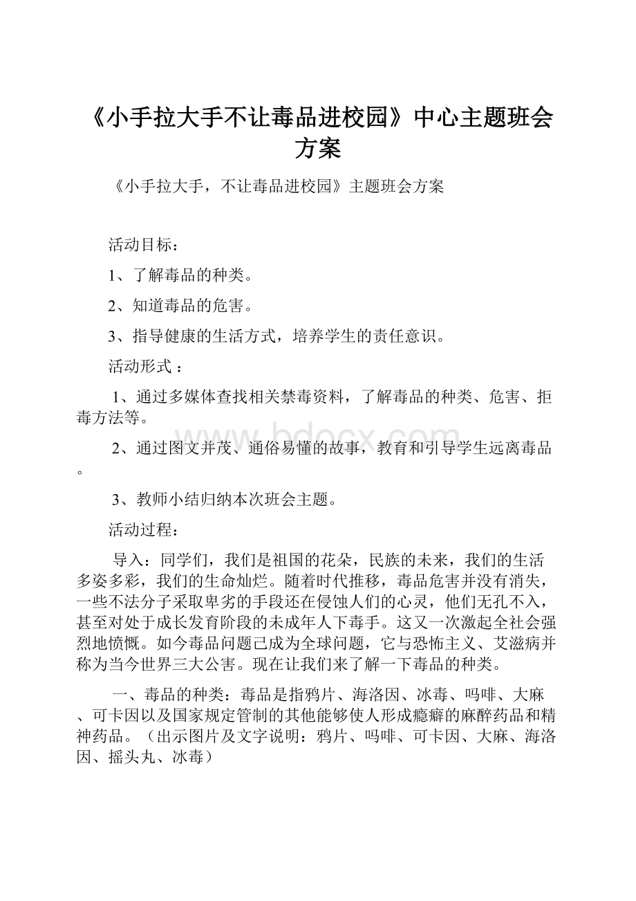 《小手拉大手不让毒品进校园》中心主题班会方案.docx