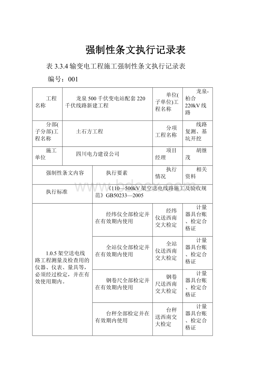 强制性条文执行记录表.docx_第1页