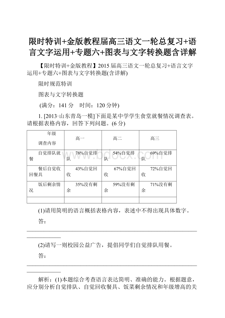 限时特训+金版教程届高三语文一轮总复习+语言文字运用+专题六+图表与文字转换题含详解.docx