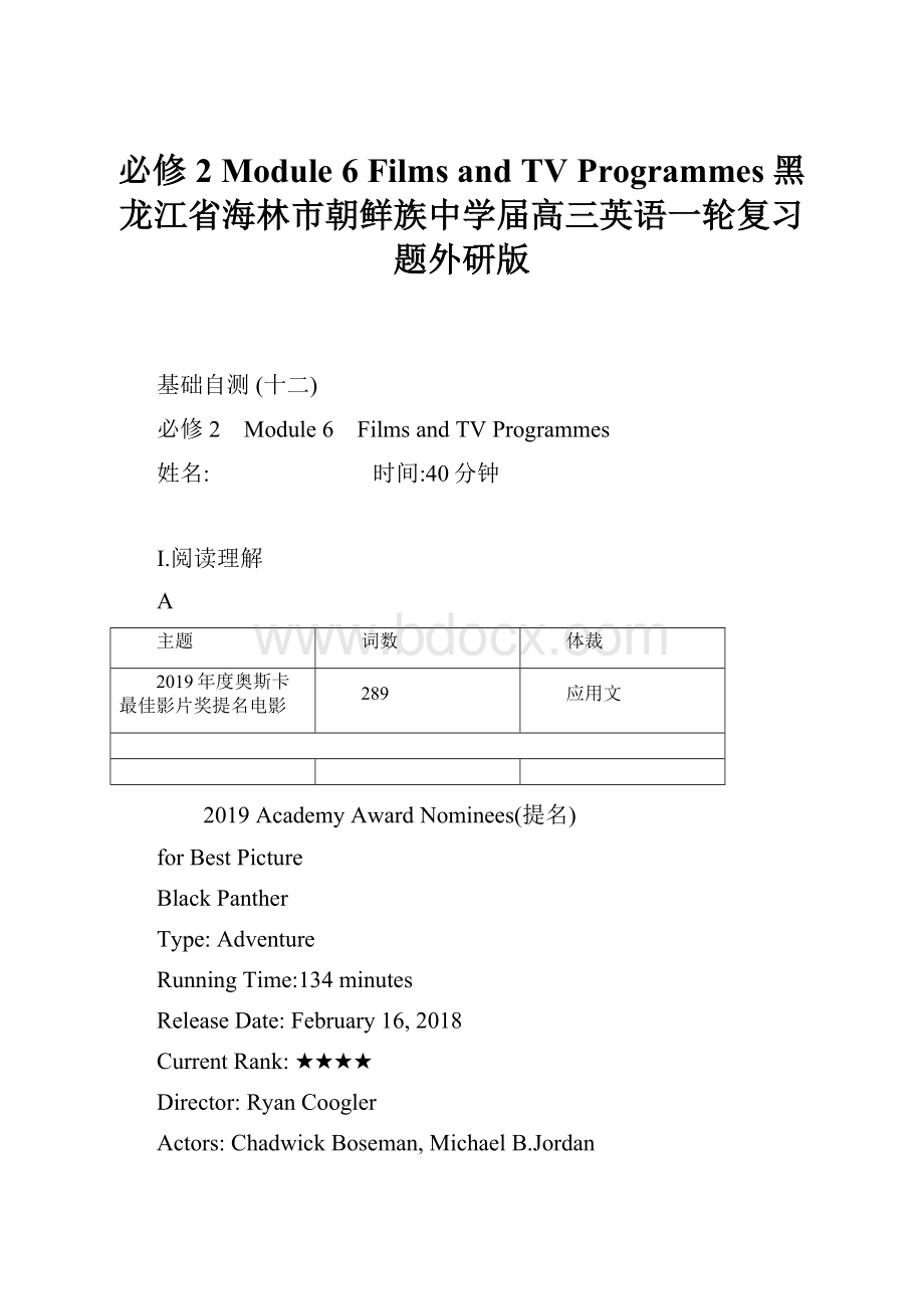 必修2 Module 6 Films and TV Programmes黑龙江省海林市朝鲜族中学届高三英语一轮复习题外研版.docx_第1页