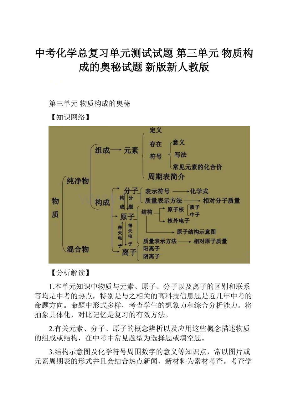 中考化学总复习单元测试试题 第三单元 物质构成的奥秘试题 新版新人教版.docx