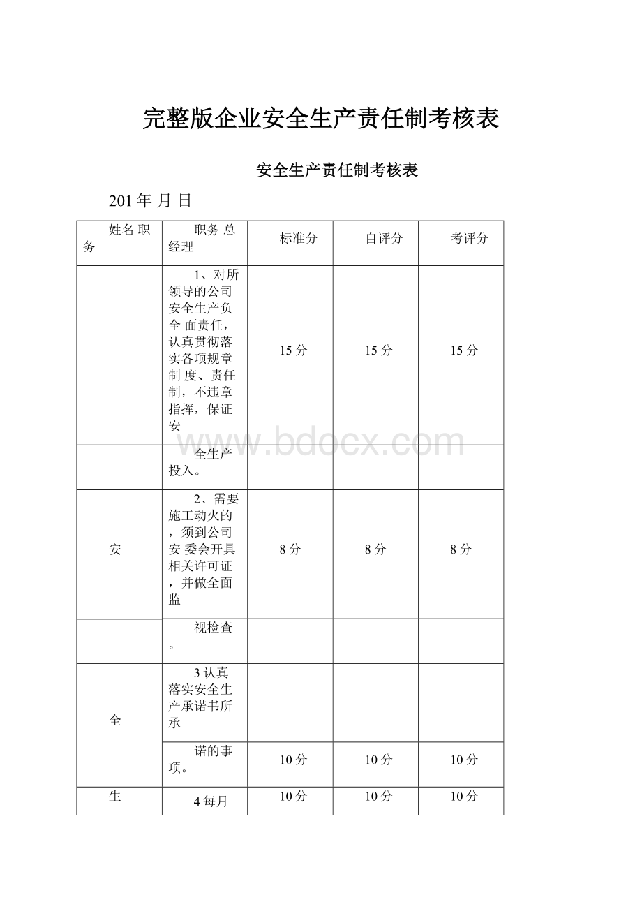 完整版企业安全生产责任制考核表.docx