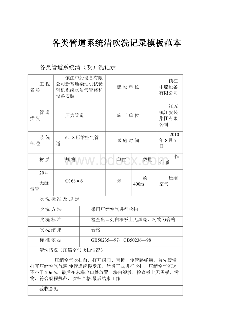 各类管道系统清吹洗记录模板范本.docx