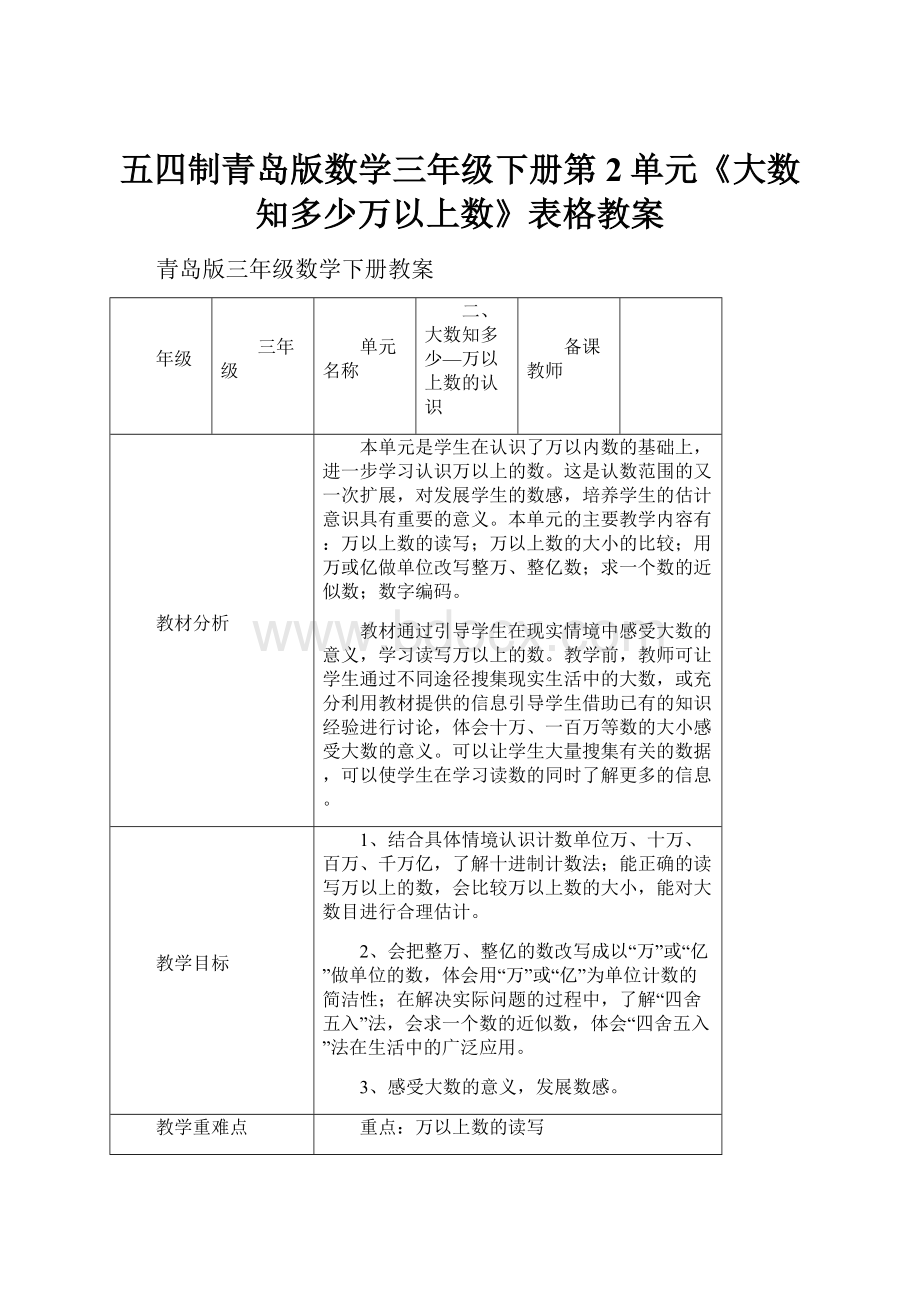 五四制青岛版数学三年级下册第2单元《大数知多少万以上数》表格教案.docx