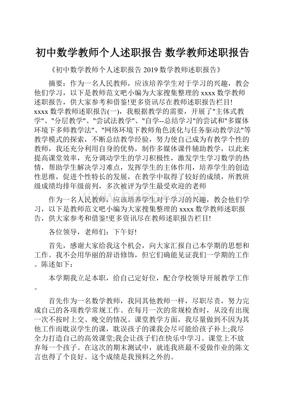 初中数学教师个人述职报告 数学教师述职报告.docx_第1页