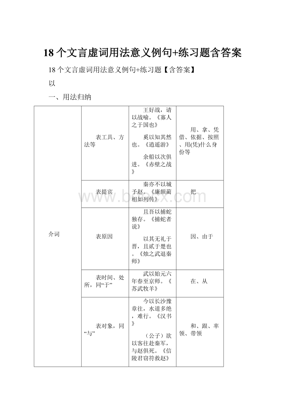 18个文言虚词用法意义例句+练习题含答案.docx