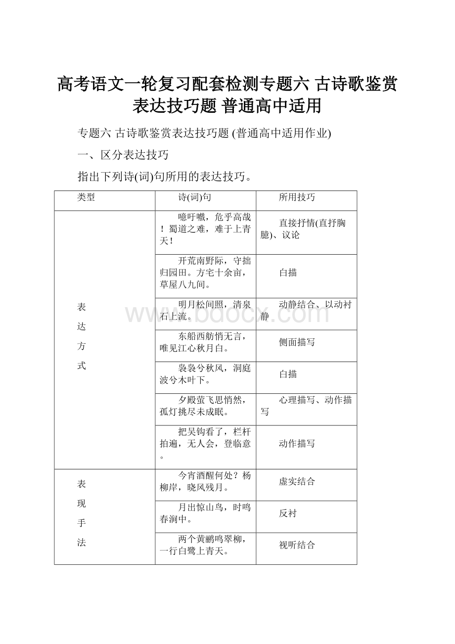 高考语文一轮复习配套检测专题六古诗歌鉴赏表达技巧题普通高中适用.docx