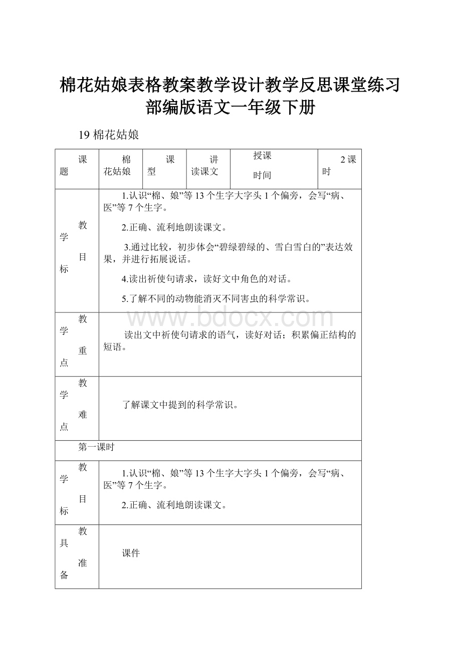 棉花姑娘表格教案教学设计教学反思课堂练习部编版语文一年级下册.docx