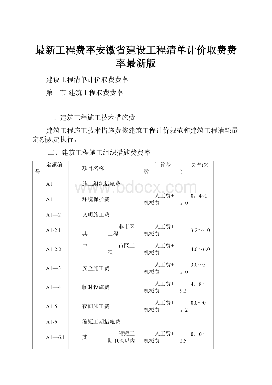 最新工程费率安徽省建设工程清单计价取费费率最新版.docx