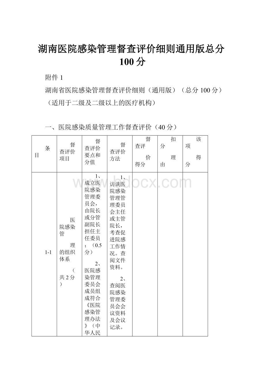 湖南医院感染管理督查评价细则通用版总分100分.docx