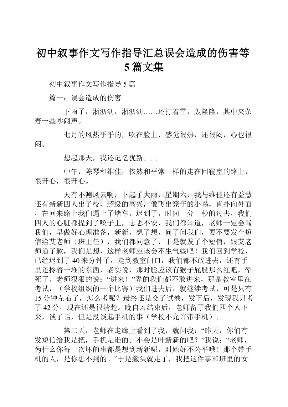 初中叙事作文写作指导汇总误会造成的伤害等5篇文集.docx