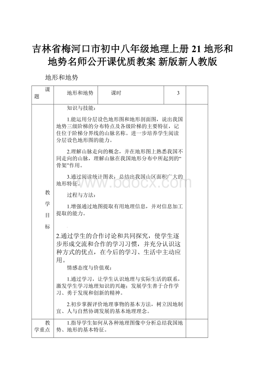 吉林省梅河口市初中八年级地理上册 21 地形和地势名师公开课优质教案 新版新人教版.docx_第1页