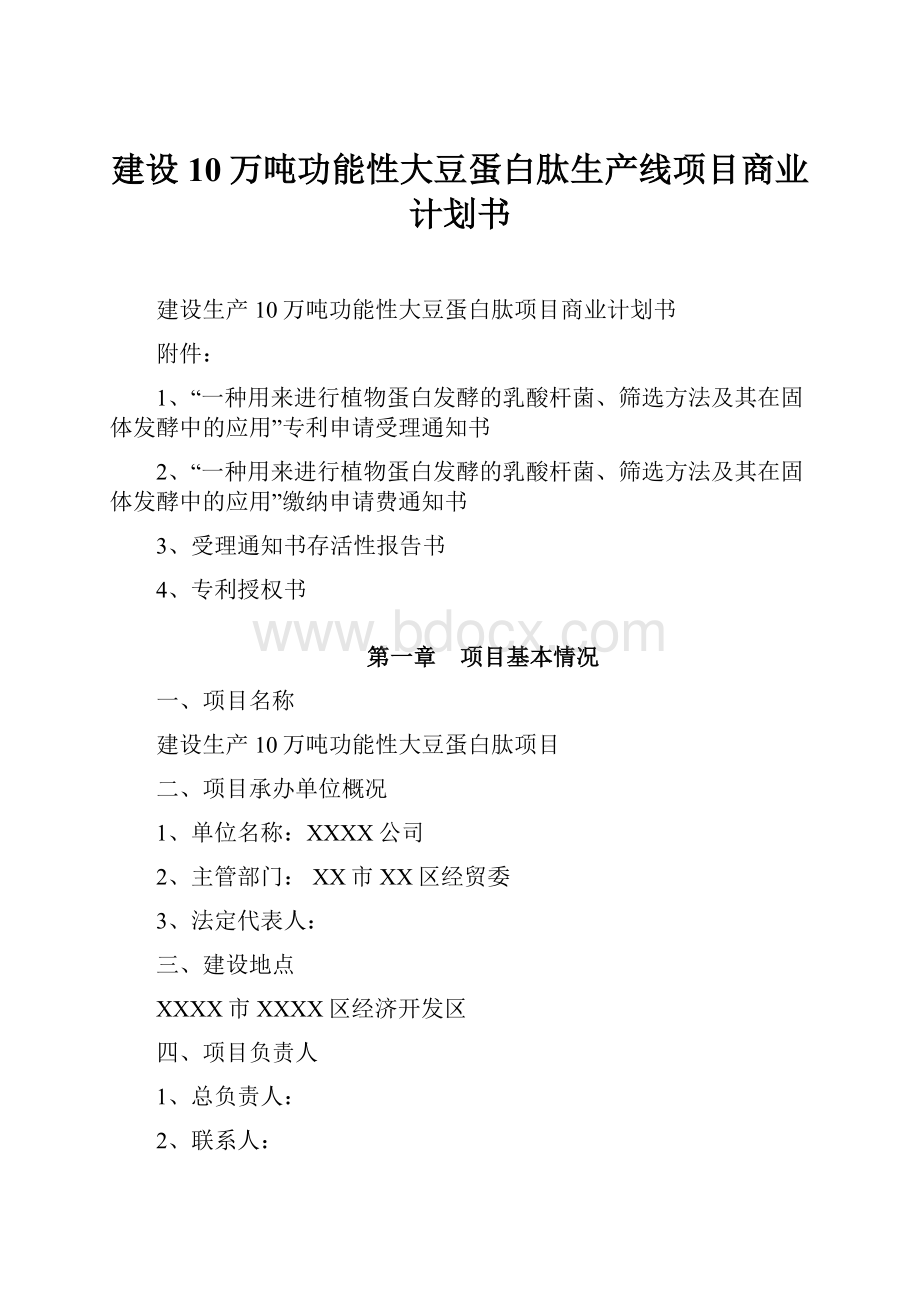 建设10万吨功能性大豆蛋白肽生产线项目商业计划书.docx