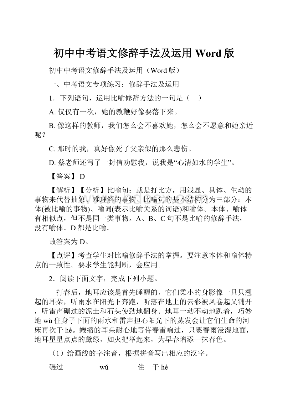 初中中考语文修辞手法及运用Word版.docx