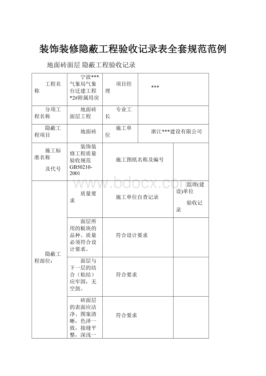 装饰装修隐蔽工程验收记录表全套规范范例.docx_第1页