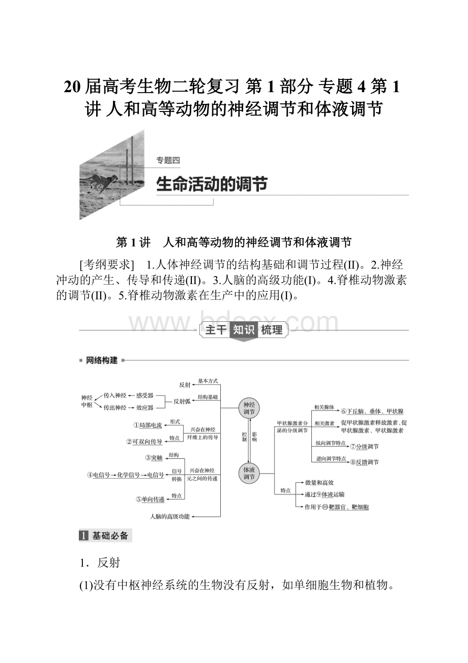 20届高考生物二轮复习 第1部分 专题4 第1讲人和高等动物的神经调节和体液调节.docx