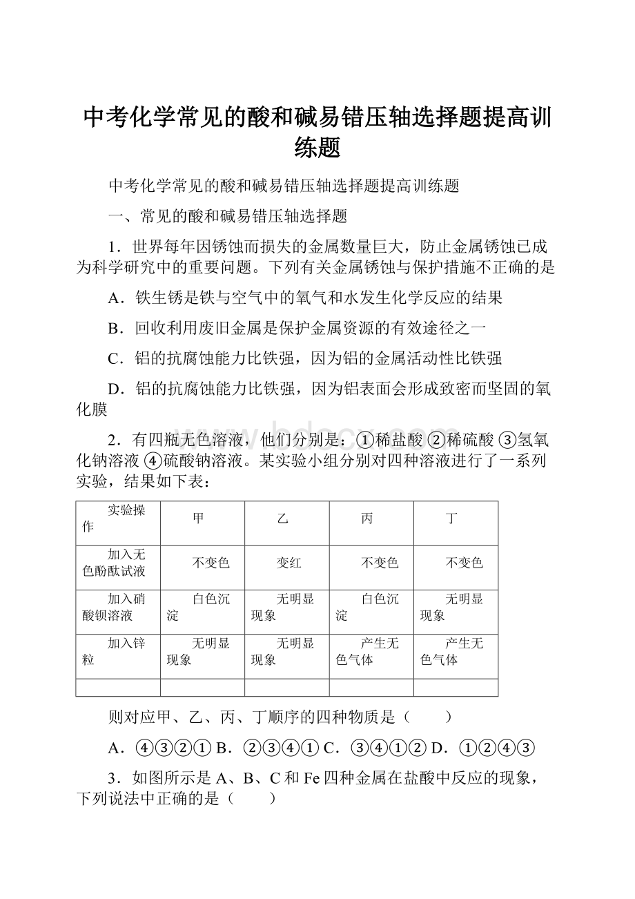 中考化学常见的酸和碱易错压轴选择题提高训练题.docx