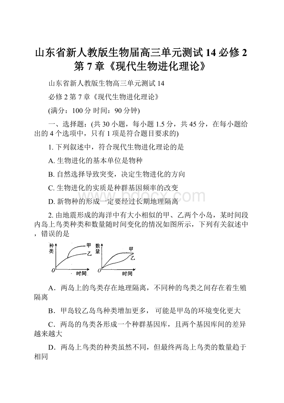 山东省新人教版生物届高三单元测试14必修2第7章《现代生物进化理论》.docx