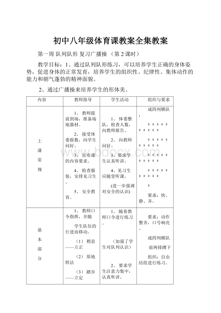 初中八年级体育课教案全集教案.docx_第1页